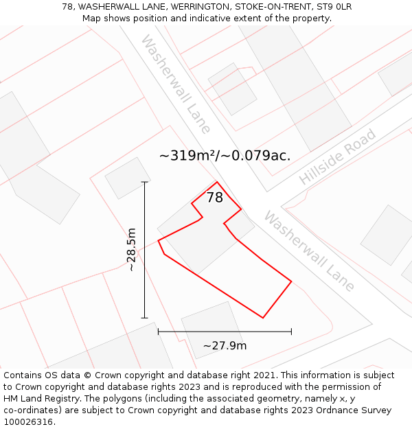 78, WASHERWALL LANE, WERRINGTON, STOKE-ON-TRENT, ST9 0LR: Plot and title map