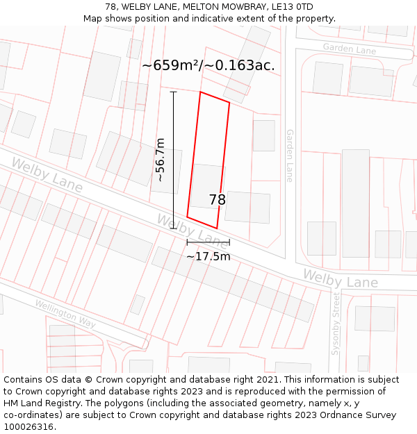 78, WELBY LANE, MELTON MOWBRAY, LE13 0TD: Plot and title map