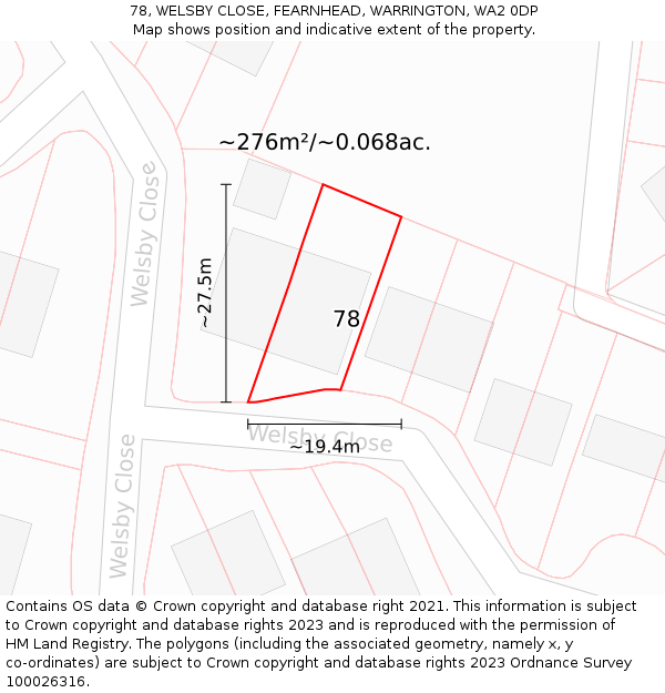 78, WELSBY CLOSE, FEARNHEAD, WARRINGTON, WA2 0DP: Plot and title map