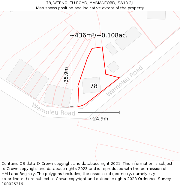 78, WERNOLEU ROAD, AMMANFORD, SA18 2JL: Plot and title map