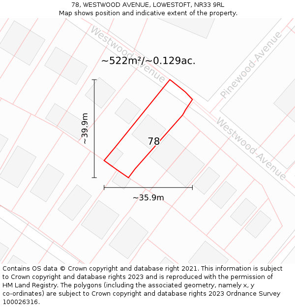 78, WESTWOOD AVENUE, LOWESTOFT, NR33 9RL: Plot and title map