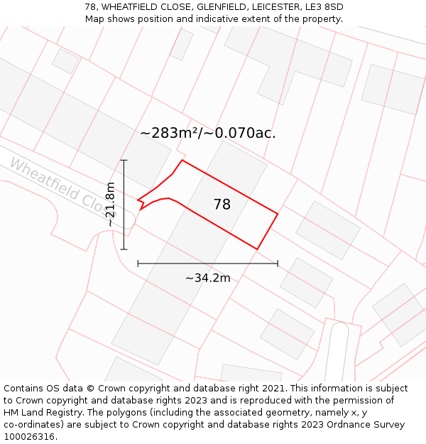 78, WHEATFIELD CLOSE, GLENFIELD, LEICESTER, LE3 8SD: Plot and title map