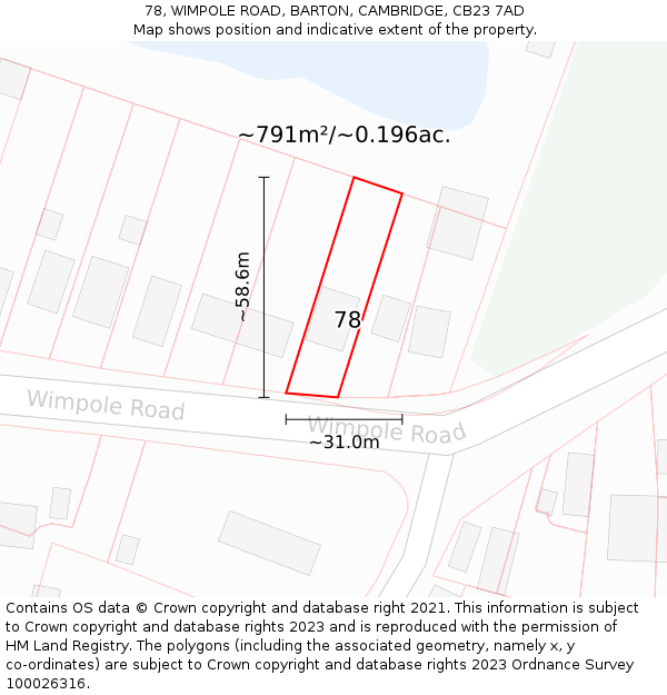 78, WIMPOLE ROAD, BARTON, CAMBRIDGE, CB23 7AD: Plot and title map
