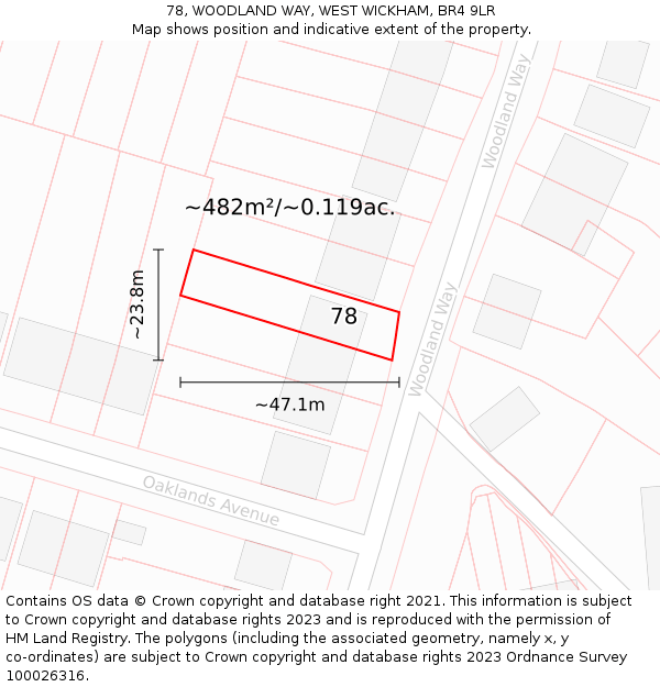 78, WOODLAND WAY, WEST WICKHAM, BR4 9LR: Plot and title map