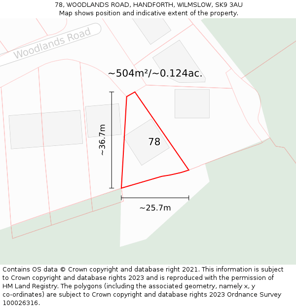78, WOODLANDS ROAD, HANDFORTH, WILMSLOW, SK9 3AU: Plot and title map