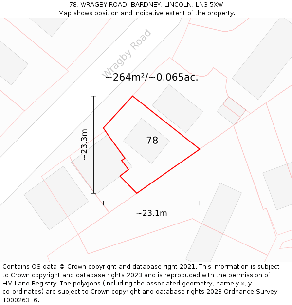 78, WRAGBY ROAD, BARDNEY, LINCOLN, LN3 5XW: Plot and title map