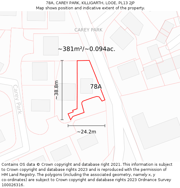 78A, CAREY PARK, KILLIGARTH, LOOE, PL13 2JP: Plot and title map
