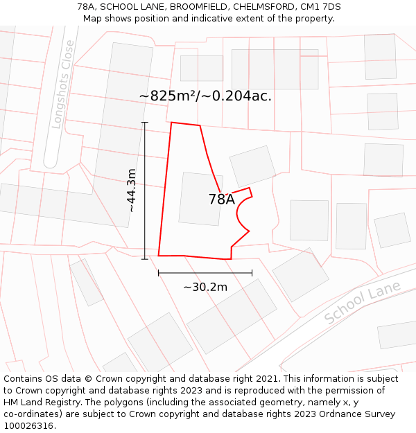 78A, SCHOOL LANE, BROOMFIELD, CHELMSFORD, CM1 7DS: Plot and title map