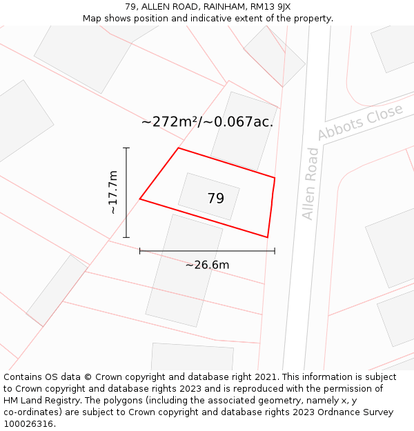 79, ALLEN ROAD, RAINHAM, RM13 9JX: Plot and title map