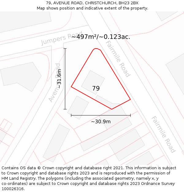 79, AVENUE ROAD, CHRISTCHURCH, BH23 2BX: Plot and title map