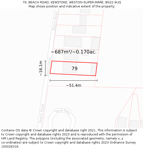 79, BEACH ROAD, KEWSTOKE, WESTON-SUPER-MARE, BS22 9UQ: Plot and title map