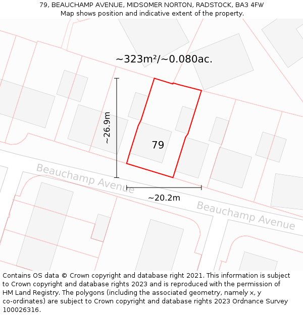 79, BEAUCHAMP AVENUE, MIDSOMER NORTON, RADSTOCK, BA3 4FW: Plot and title map