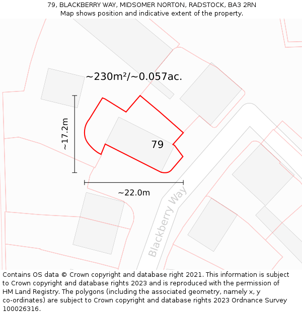 79, BLACKBERRY WAY, MIDSOMER NORTON, RADSTOCK, BA3 2RN: Plot and title map