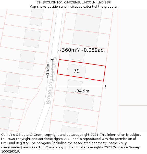 79, BROUGHTON GARDENS, LINCOLN, LN5 8SP: Plot and title map