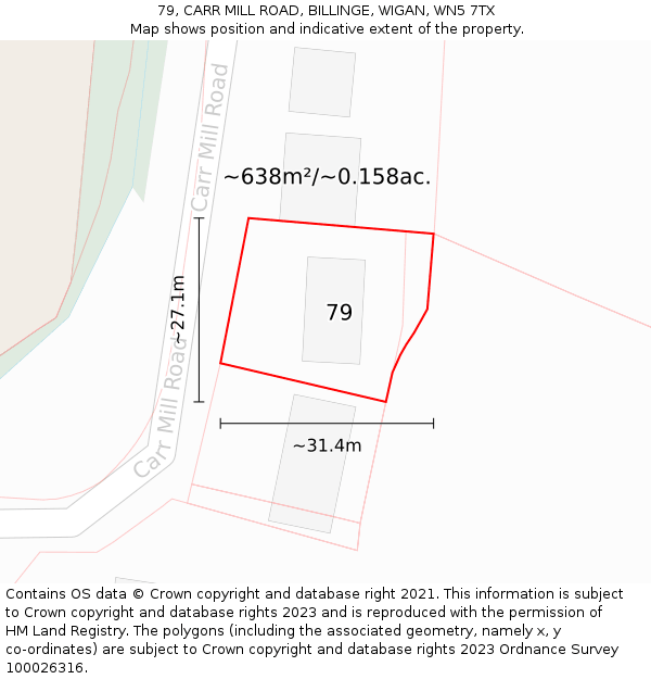 79, CARR MILL ROAD, BILLINGE, WIGAN, WN5 7TX: Plot and title map