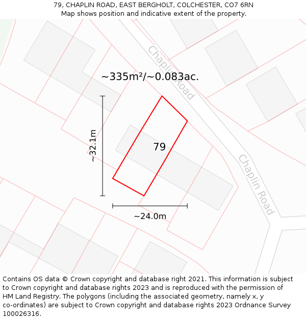 79, CHAPLIN ROAD, EAST BERGHOLT, COLCHESTER, CO7 6RN: Plot and title map