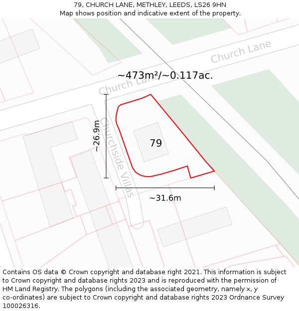 79, CHURCH LANE, METHLEY, LEEDS, LS26 9HN: Plot and title map