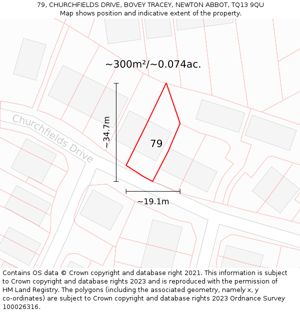 79, CHURCHFIELDS DRIVE, BOVEY TRACEY, NEWTON ABBOT, TQ13 9QU: Plot and title map