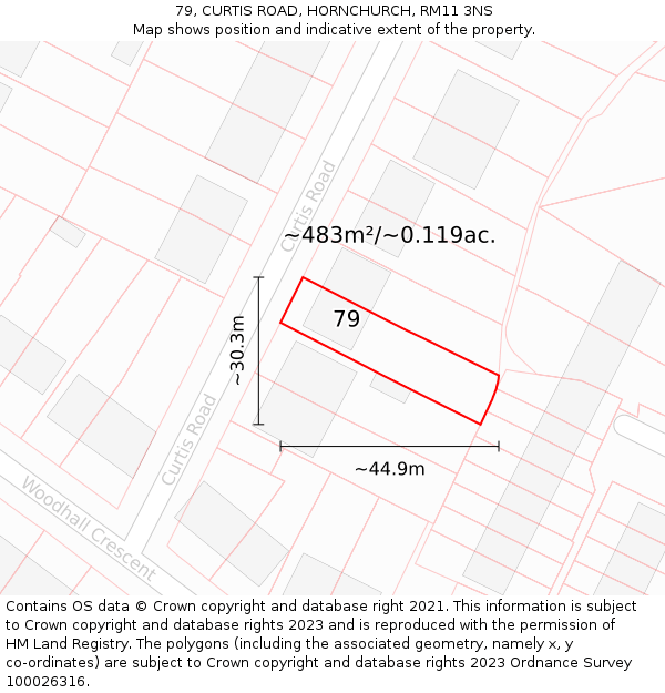 79, CURTIS ROAD, HORNCHURCH, RM11 3NS: Plot and title map