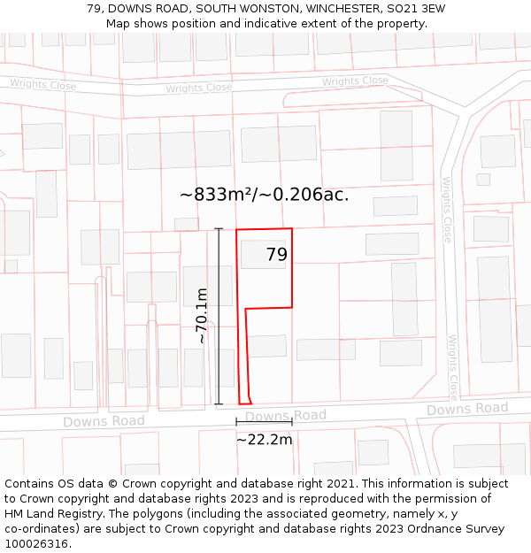 79, DOWNS ROAD, SOUTH WONSTON, WINCHESTER, SO21 3EW: Plot and title map