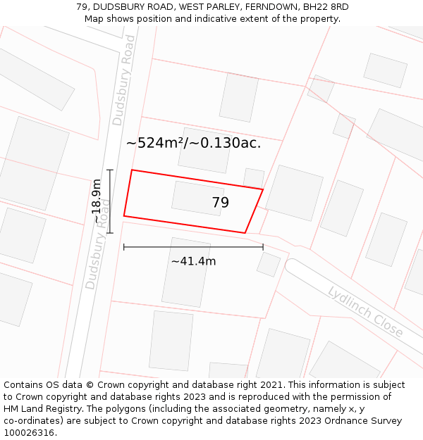 79, DUDSBURY ROAD, WEST PARLEY, FERNDOWN, BH22 8RD: Plot and title map