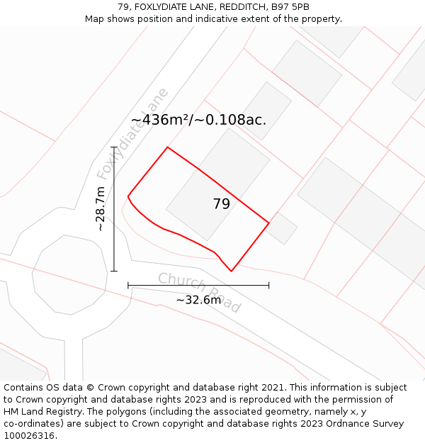 79, FOXLYDIATE LANE, REDDITCH, B97 5PB: Plot and title map