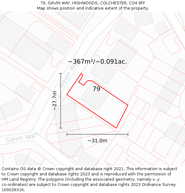 79, GAVIN WAY, HIGHWOODS, COLCHESTER, CO4 9FF: Plot and title map