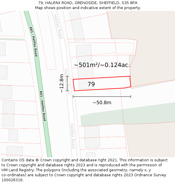 79, HALIFAX ROAD, GRENOSIDE, SHEFFIELD, S35 8PA: Plot and title map