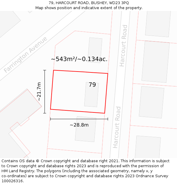79, HARCOURT ROAD, BUSHEY, WD23 3PQ: Plot and title map