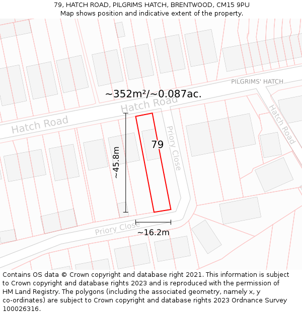 79, HATCH ROAD, PILGRIMS HATCH, BRENTWOOD, CM15 9PU: Plot and title map