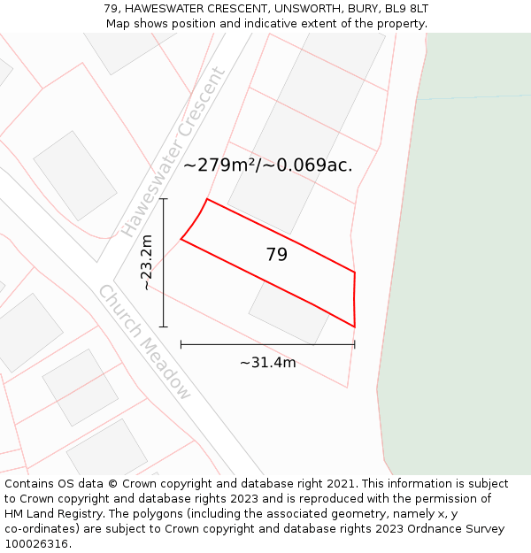 79, HAWESWATER CRESCENT, UNSWORTH, BURY, BL9 8LT: Plot and title map