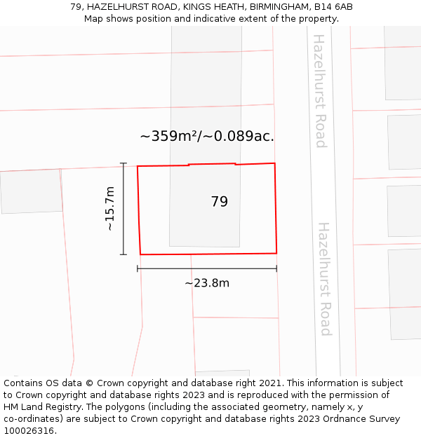 79, HAZELHURST ROAD, KINGS HEATH, BIRMINGHAM, B14 6AB: Plot and title map