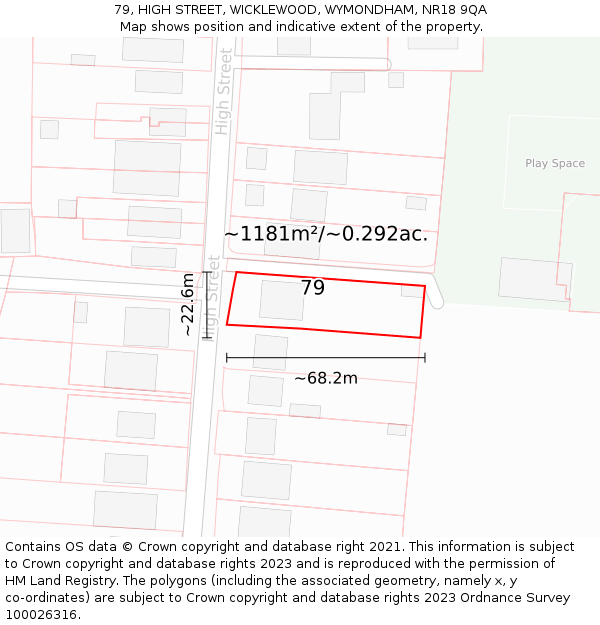 79, HIGH STREET, WICKLEWOOD, WYMONDHAM, NR18 9QA: Plot and title map
