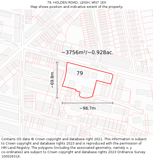 79, HOLDEN ROAD, LEIGH, WN7 1EX: Plot and title map