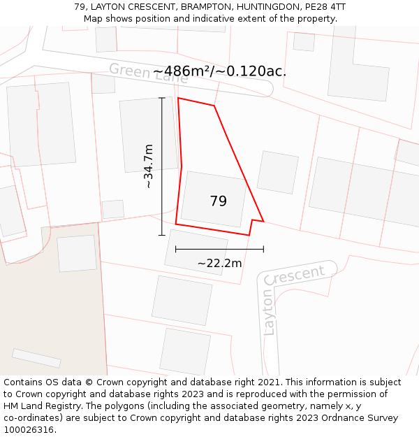 79, LAYTON CRESCENT, BRAMPTON, HUNTINGDON, PE28 4TT: Plot and title map
