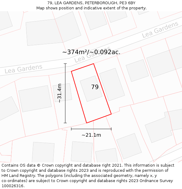 79, LEA GARDENS, PETERBOROUGH, PE3 6BY: Plot and title map