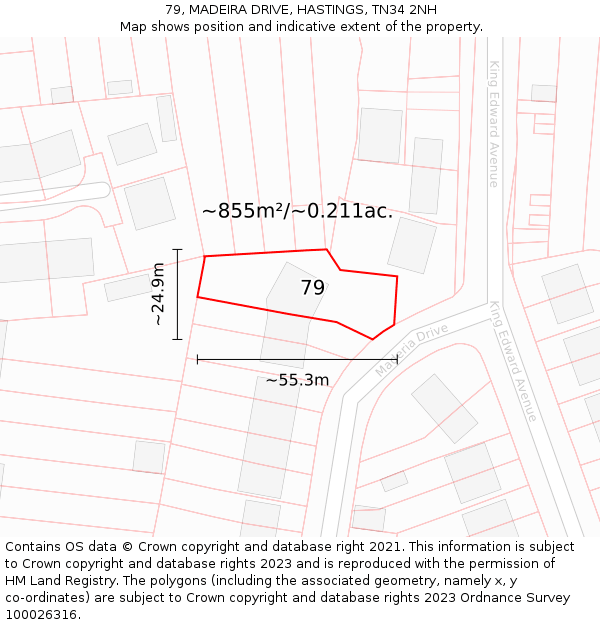 79, MADEIRA DRIVE, HASTINGS, TN34 2NH: Plot and title map