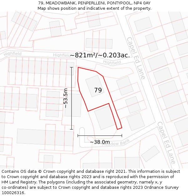 79, MEADOWBANK, PENPERLLENI, PONTYPOOL, NP4 0AY: Plot and title map