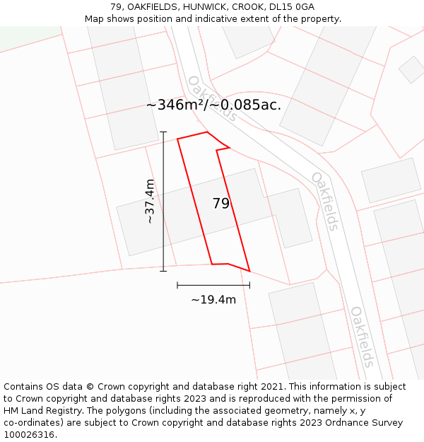 79, OAKFIELDS, HUNWICK, CROOK, DL15 0GA: Plot and title map