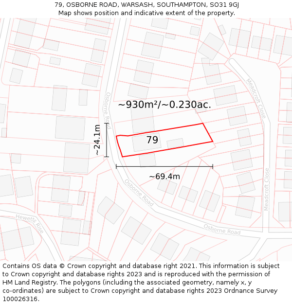 79, OSBORNE ROAD, WARSASH, SOUTHAMPTON, SO31 9GJ: Plot and title map