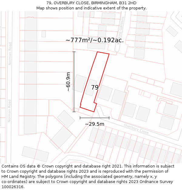 79, OVERBURY CLOSE, BIRMINGHAM, B31 2HD: Plot and title map