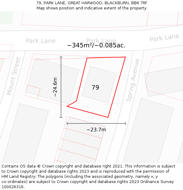 79, PARK LANE, GREAT HARWOOD, BLACKBURN, BB6 7RF: Plot and title map