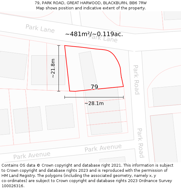 79, PARK ROAD, GREAT HARWOOD, BLACKBURN, BB6 7RW: Plot and title map