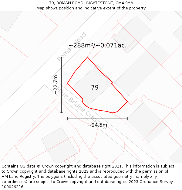 79, ROMAN ROAD, INGATESTONE, CM4 9AA: Plot and title map
