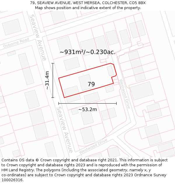 79, SEAVIEW AVENUE, WEST MERSEA, COLCHESTER, CO5 8BX: Plot and title map