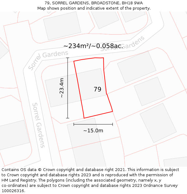 79, SORREL GARDENS, BROADSTONE, BH18 9WA: Plot and title map