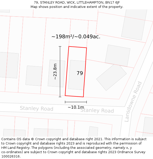 79, STANLEY ROAD, WICK, LITTLEHAMPTON, BN17 6JF: Plot and title map