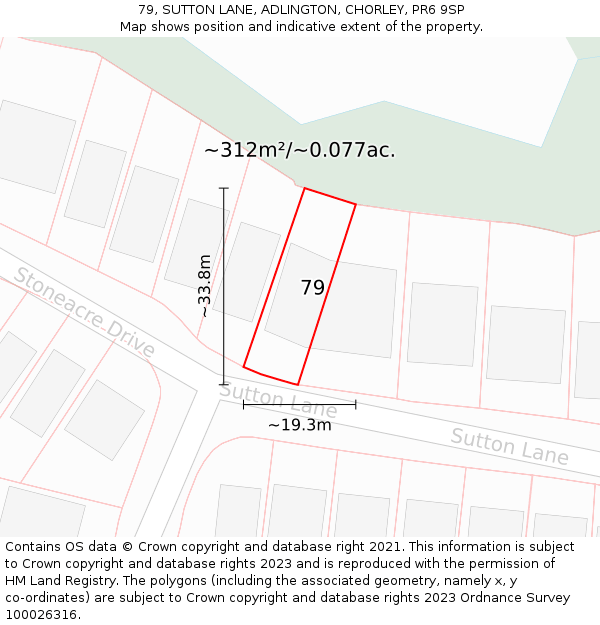 79, SUTTON LANE, ADLINGTON, CHORLEY, PR6 9SP: Plot and title map