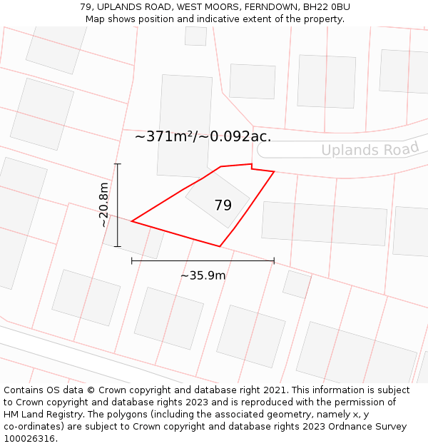 79, UPLANDS ROAD, WEST MOORS, FERNDOWN, BH22 0BU: Plot and title map