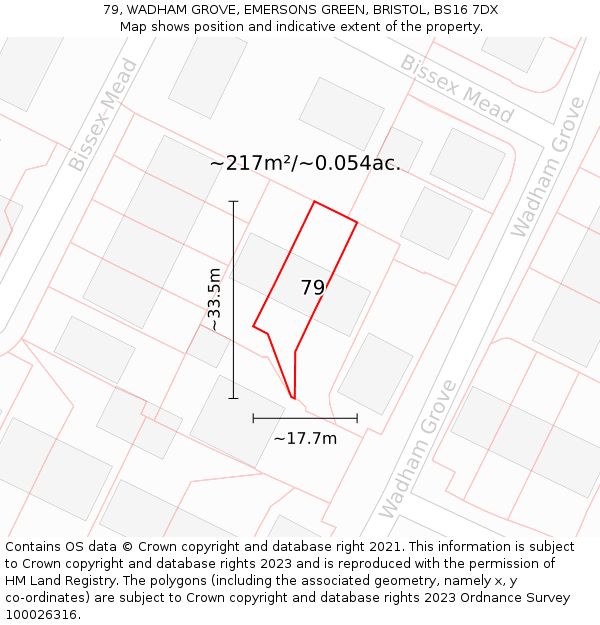 79, WADHAM GROVE, EMERSONS GREEN, BRISTOL, BS16 7DX: Plot and title map